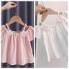 Girls' 2025 Summer Off-the-Shoulder Spaghetti Strap Short-Sleeve Top - Fresh New Chinese Style Fashion