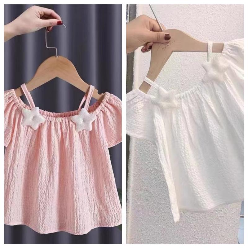 Girls' 2025 Summer Off-the-Shoulder Spaghetti Strap Short-Sleeve Top - Fresh New Chinese Style Fashion