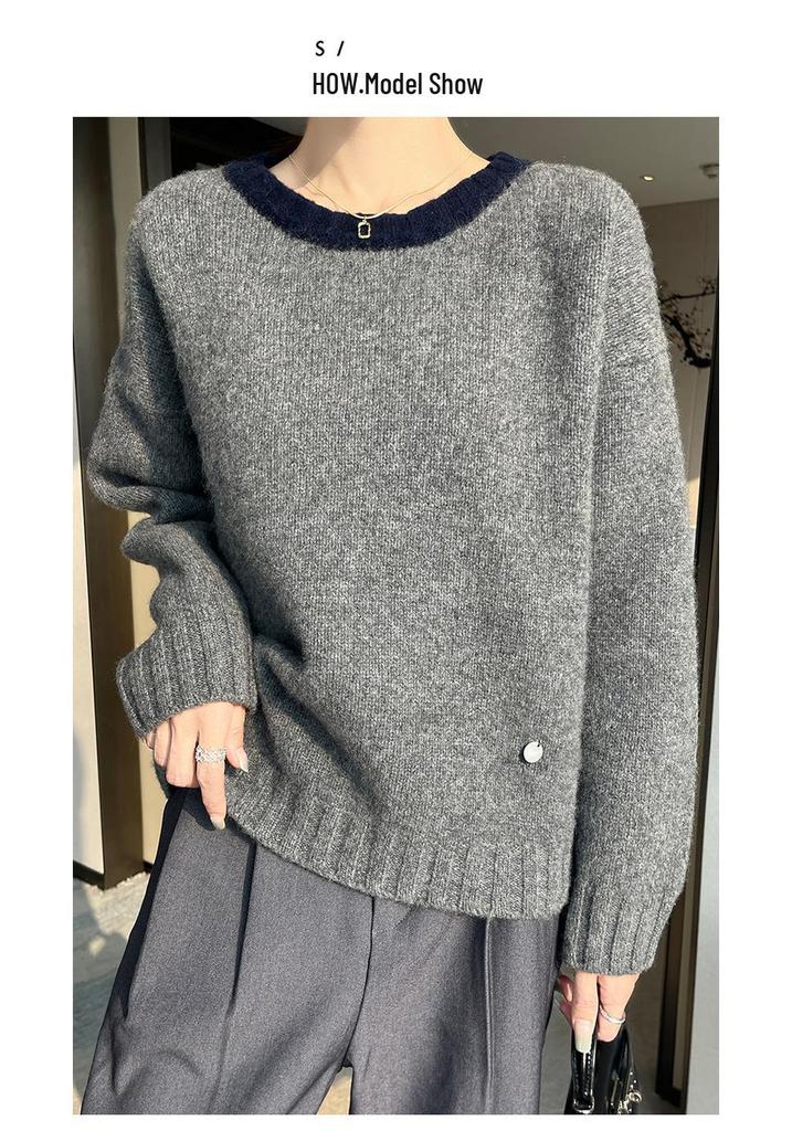 Women's Color Block Pure Wool Round Neck Knit Sweater - Slimming, Loose Fit, Autumn/Winter Style