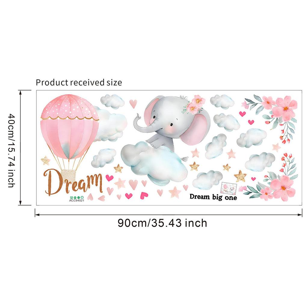 Cute Elephant Hot Air Balloon Clouds Wall Stickers Self-Adhesive for Kids Room Nursery Kindergarten Home Wall Decor