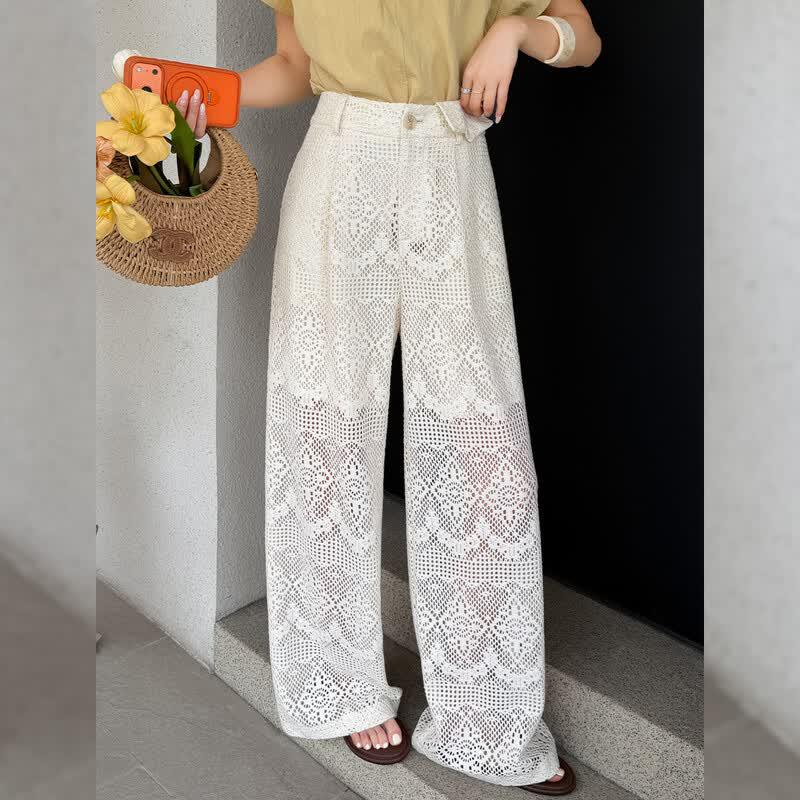 Bailuyu French Retro High-Waist Hollow-Out Embroidered Straight-Leg Pants L
