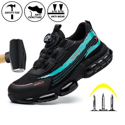 Breathable Rotary Buckle Men Work Safety Shoes Steel Toe Black Indestructible Shoes Puncture-Proof Unisex Platform Sneaker 1Pair