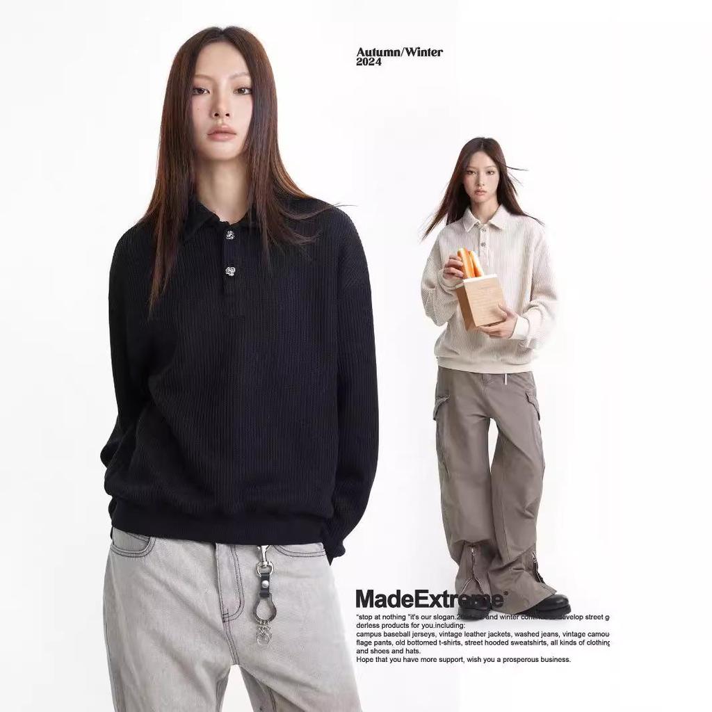 MADEEXTREME 380g Textured Vintage Preserved Flower Button Knit Long Sleeve Polo with Turn-Down Collar