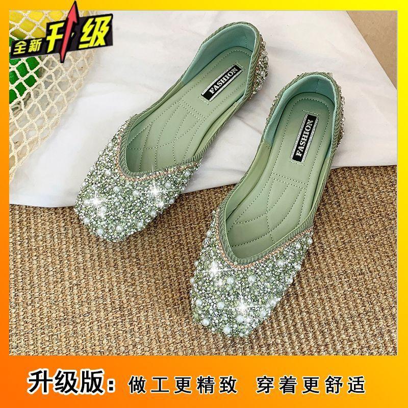 Fashion sparkling rhinestone shallow mouth square head single shoes versatile flat-bottomed temperament women's shoes 2025 spring and summer new model