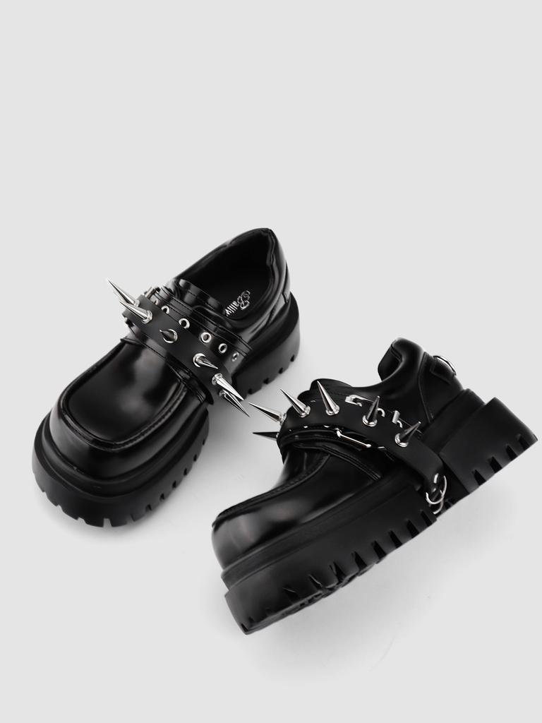 Fashion Loafers Women's New Sweet and Cool Brock rivet Style Thick-soled Heightening Single Retro Black Non-slip Small Leather Shoes