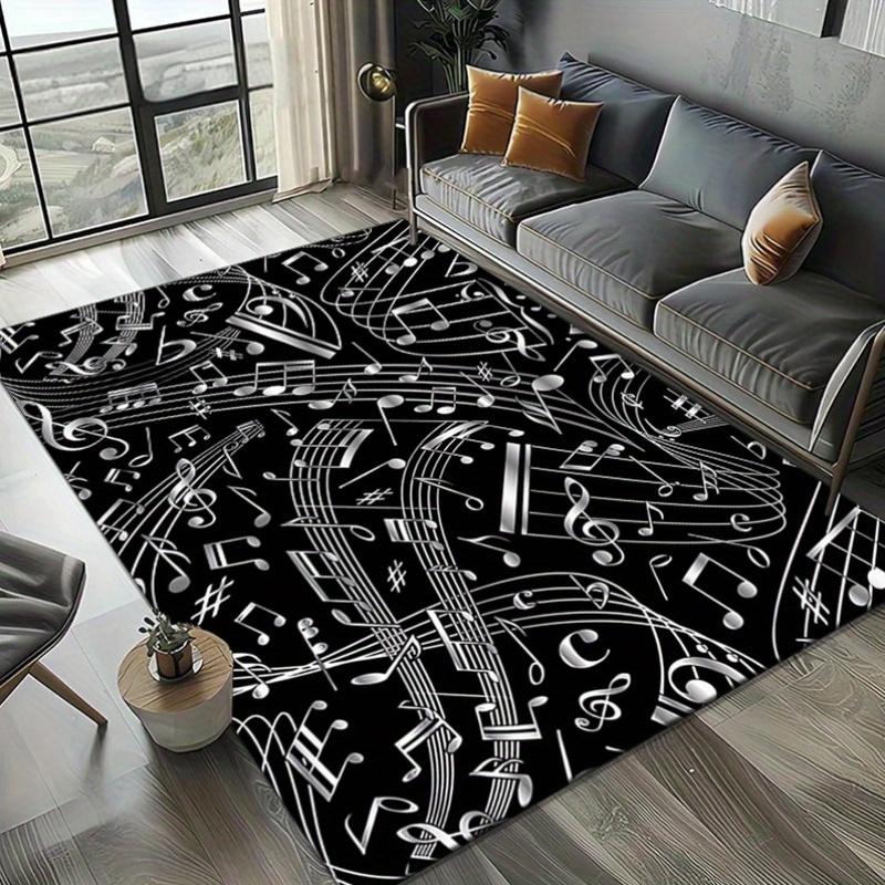 Polyester Anti-Slip Music Rug for Living Room Bedroom Decorative Carpet with Black White Musical Notes