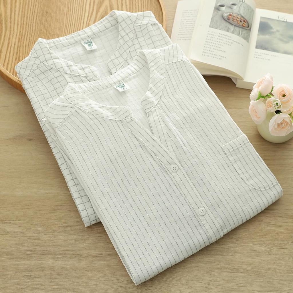 Reine Baumwolle V-Ausschnitt Kariert Damen Kurzarm Doppellagiges Mullhemd