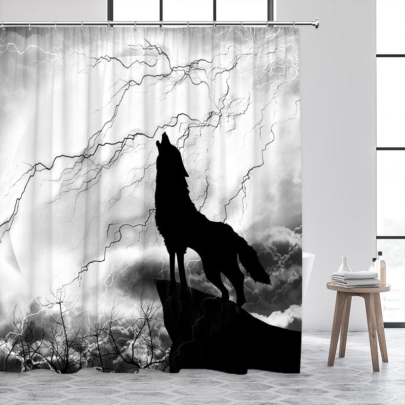 Forest Wolf Shower Curtains Full Moon Mountain Winter Cedar Grey Blue Bathroom Decor Polyester Fabric Bath Curtain With Hooks