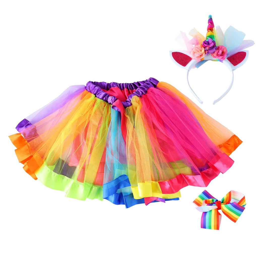 Children Colorful Skirt Cute Cartoon Costume Set Girl Ballet Skirt with Hair Clip Headband Colorful Free Size