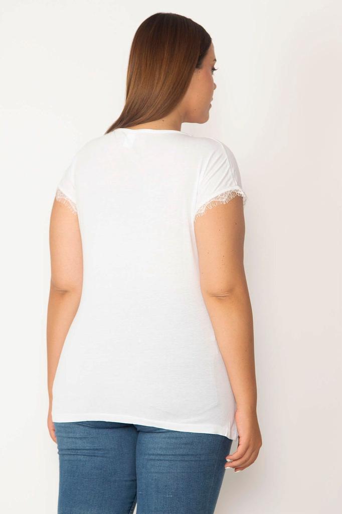 Women's Big Size Blouse White Plus Size Cotton Fabric V-Neck Lace Detailed Low Sleeve Blouse