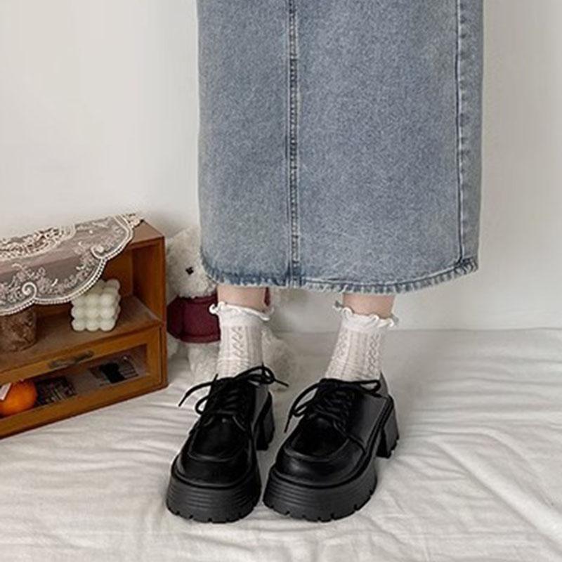 Comemore Mary Jane Shoes Thick Bottom Spring Autumn Black Lace Up Chunky Heeled Women's Shoes Platform JK Dress Loafers Shoes