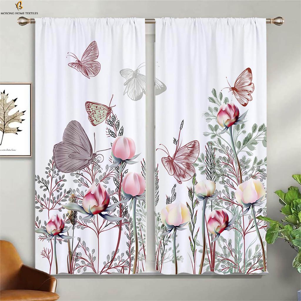 Floral Butterfly 3D Printed Curtain Rod Pocket Bedroom Living Room Kitchen Window Curtain Home Decor 2 Pieces