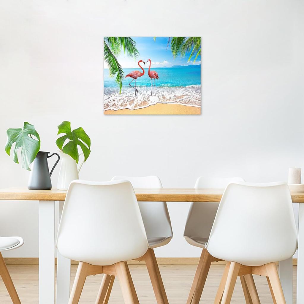 LB Pink Flamingo Beach Wall Art for Bathroom Tropical Green Palm Leaf Canvas Wall Art Wall Paintings Home Decor Blue Ocean Wall Pictures for Living