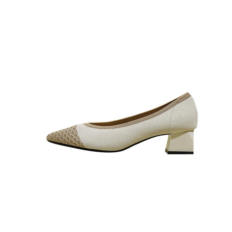 New Pointed Head Light Mouth Woven Shoes Medium Heel Flying Woven Breathable Thick Heel Color Matching High Heels