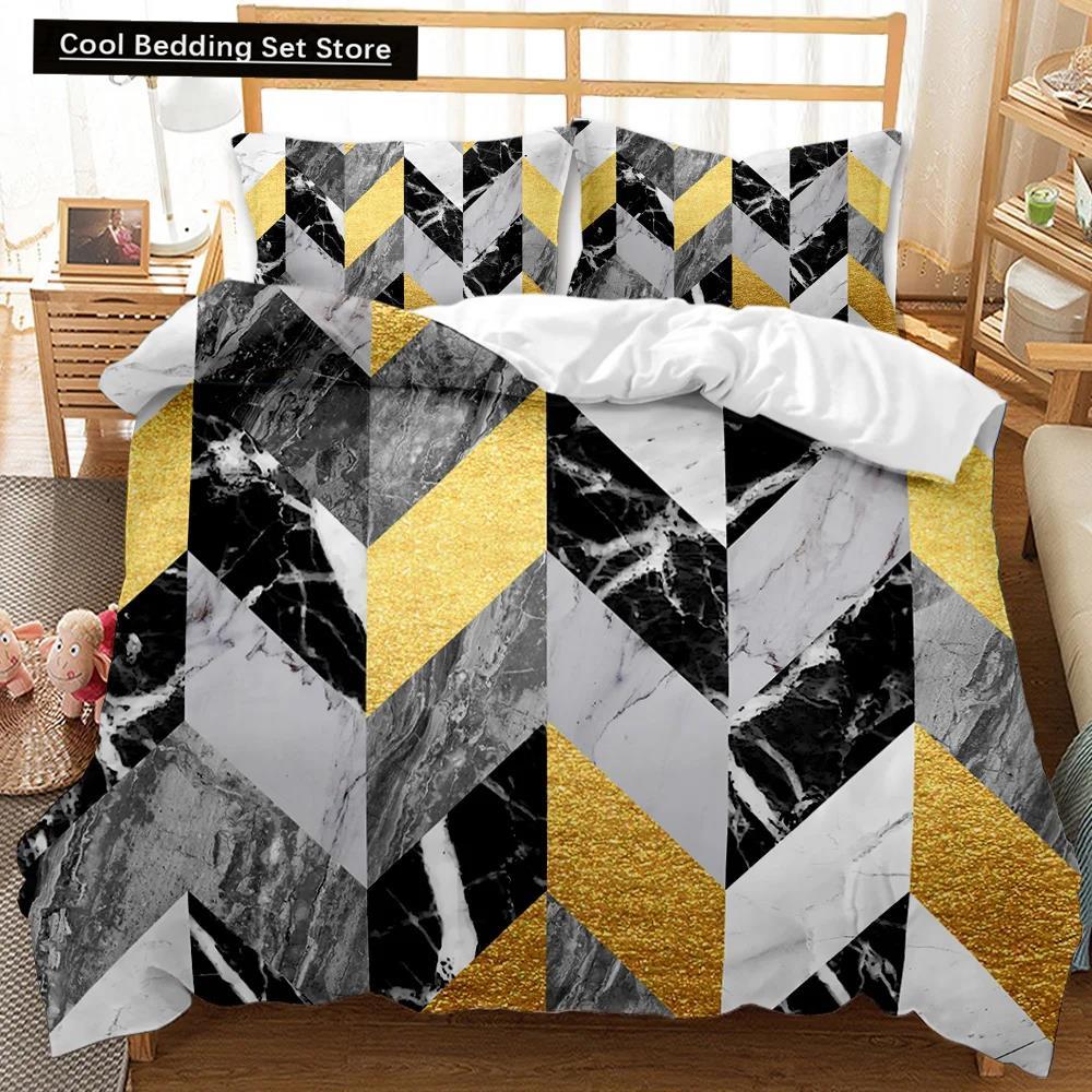 Set Husă Plapumă Marmură Negru Alb Auriu Textură Marmură Abstractă Imprimată Negru Alb Mărime Dublu Queen King Set de Lenjerie de Pat Poliester