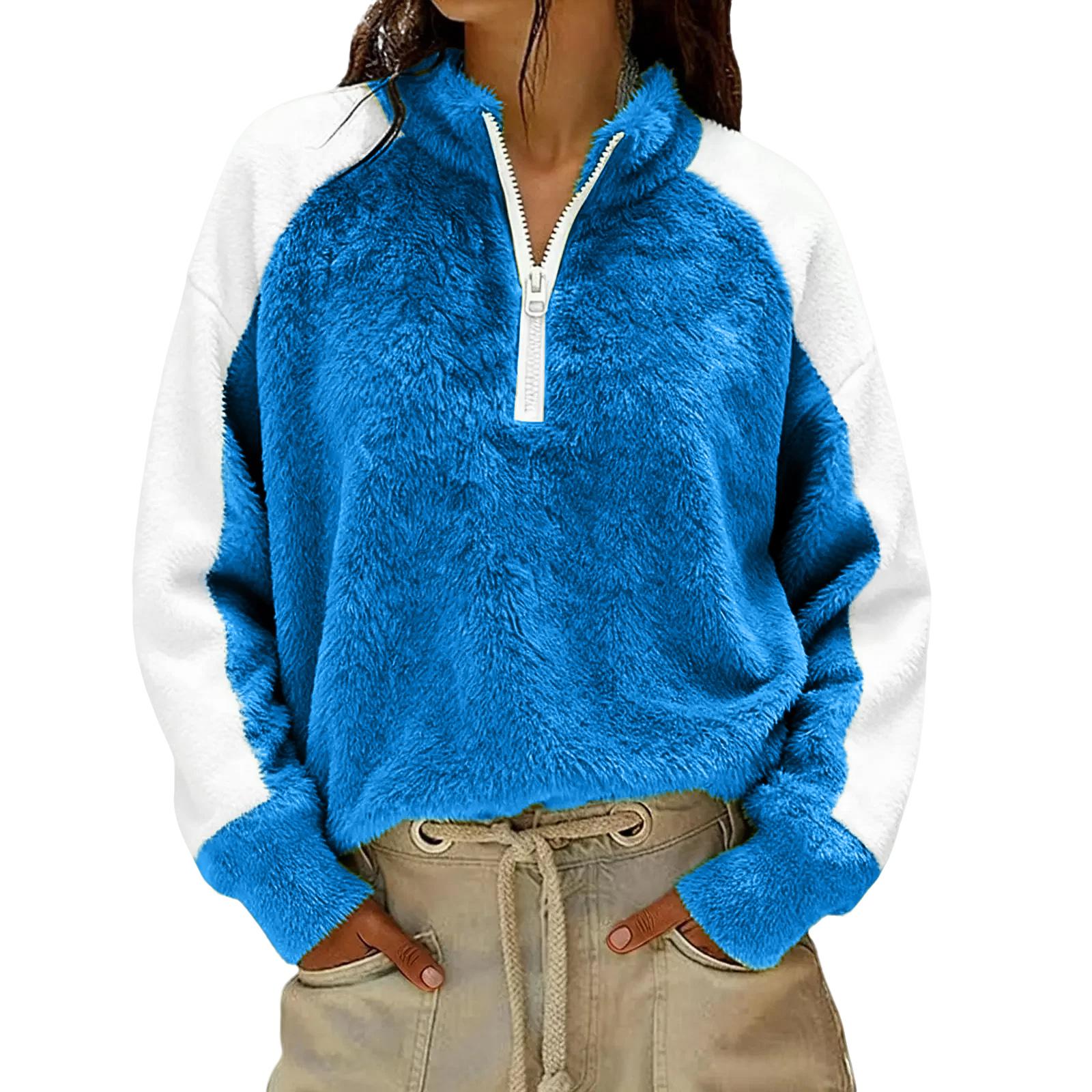 

Women s Fashionable Casual Color Blocked Pullover Loose Sports Long Sleeved Zipper Sweatshirt XXL синий
