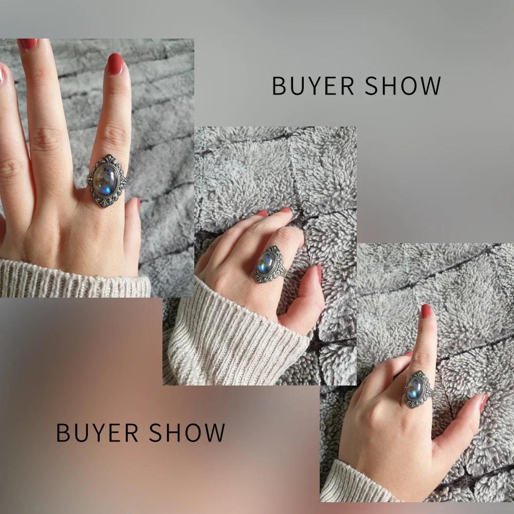 Retro Oval Natural Labradorite Rings for Women Men Silver Ring Finger Ring Retro Zircon Rings Jewelry Party Gift