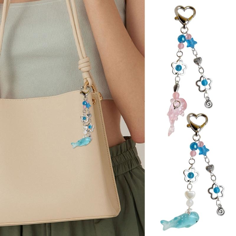 Lovely Whale Pendant Keychain Ornament Sea Animal Beaded Key Chain Fashionable Decoration for Phones Bags Cameras