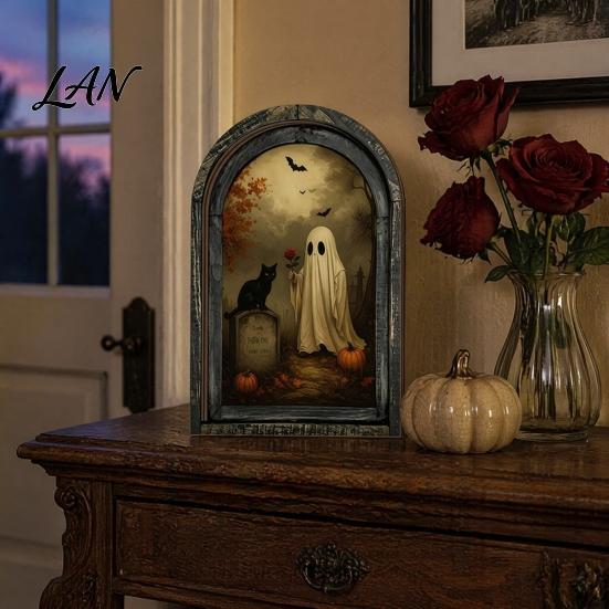Decorative Halloween Desktop Accents Arched Wooden Wall Hanging Plaque, Double-Layer Distressed Ghost Cat Ornament, Rustic Tabletop Signs Gothic