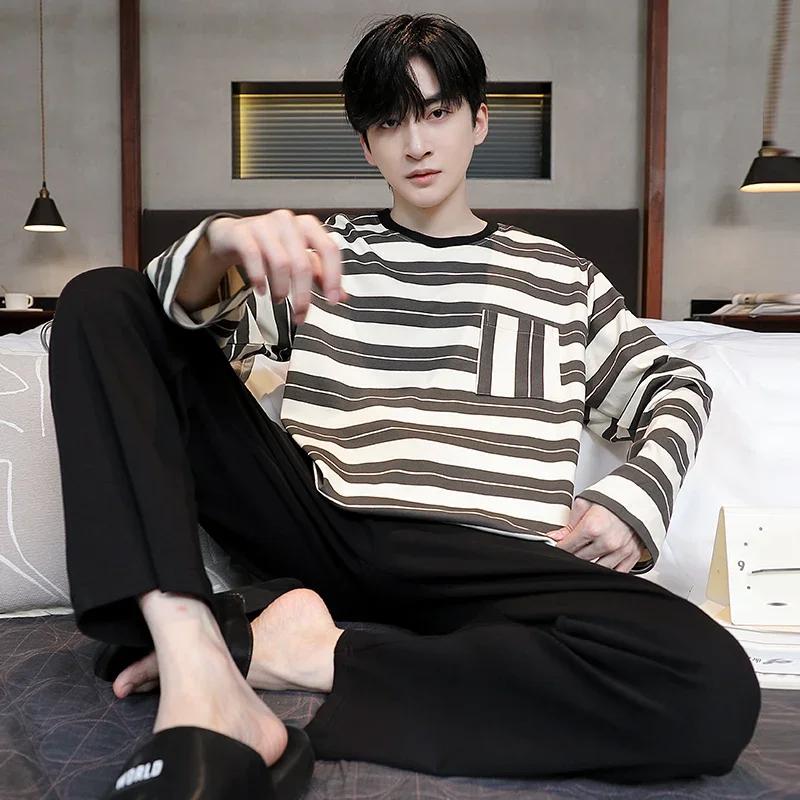 Bumbac Pulover Bărbați Pijamale Toamnă Primăvară Mâneci Lungi Articole de Noapte Set Pijama 2 Piese Bărbați