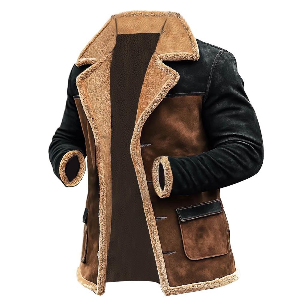 Vintage Suede Leather Jacket For Men With Colorblock Design For Fall Winter Wear