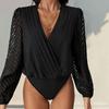 Women Spring Autumn Lace Splice Long Sleeve V Neck Solid Color Romper T Shirt Blouse Top