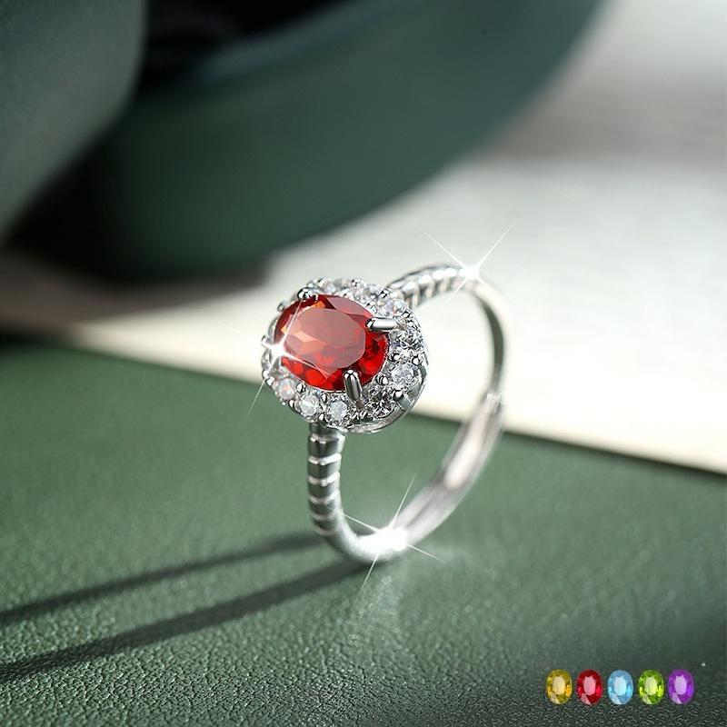 S925 Silver Oval Gemstone Ring, Adjustable Cubic Zirconia Women's Fashion Jewelry