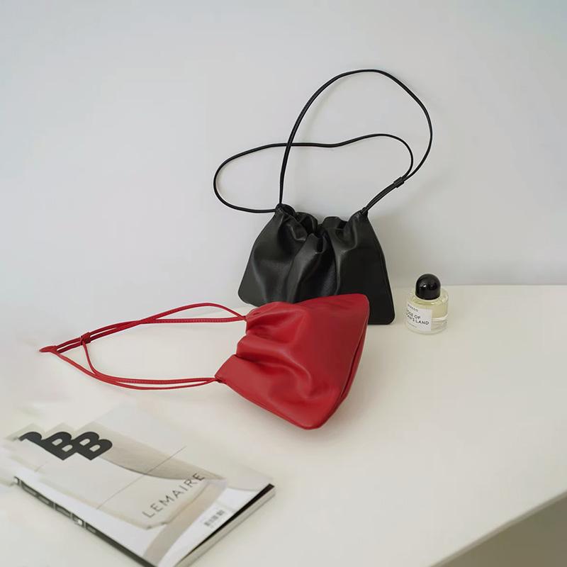 Fashion Red Soft Leather Single One Shoulder Crossbody Bag Korean Pleated Portable Underarm Bag Women's  New Lace-up Handbag