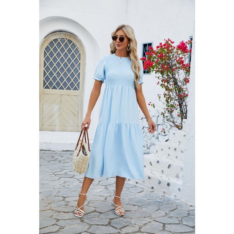 Summer Women's Dress Solid Color Round Neck Patchwork Short Sleeve Dress
