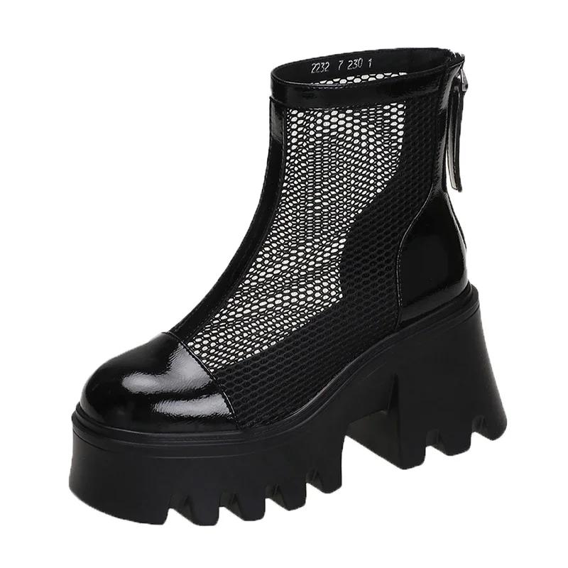 

Модные черные готические ботильоны на платформе для женщин, дышащие летние ботинки с толстой подошвой, женские 2025, панк, массивный высокий каблук 39 чёрный