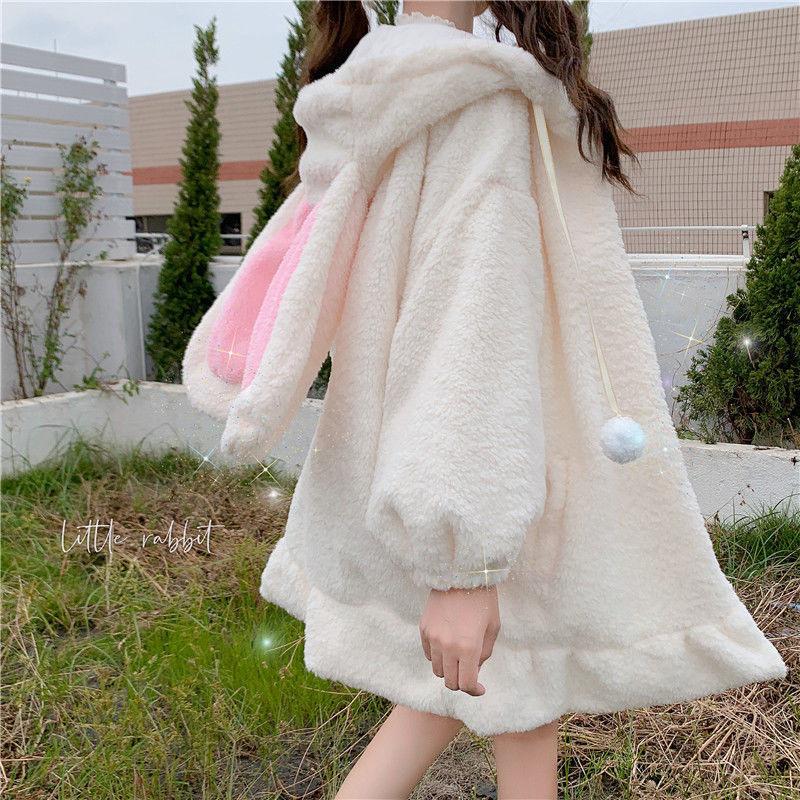 Japanese Cute Rabbit Ears Lamb Hair Plus Velvet Thickened Plush Fluffy Rabbit Sweatshirt Jacket for Women In Spring, Autumn and Winter