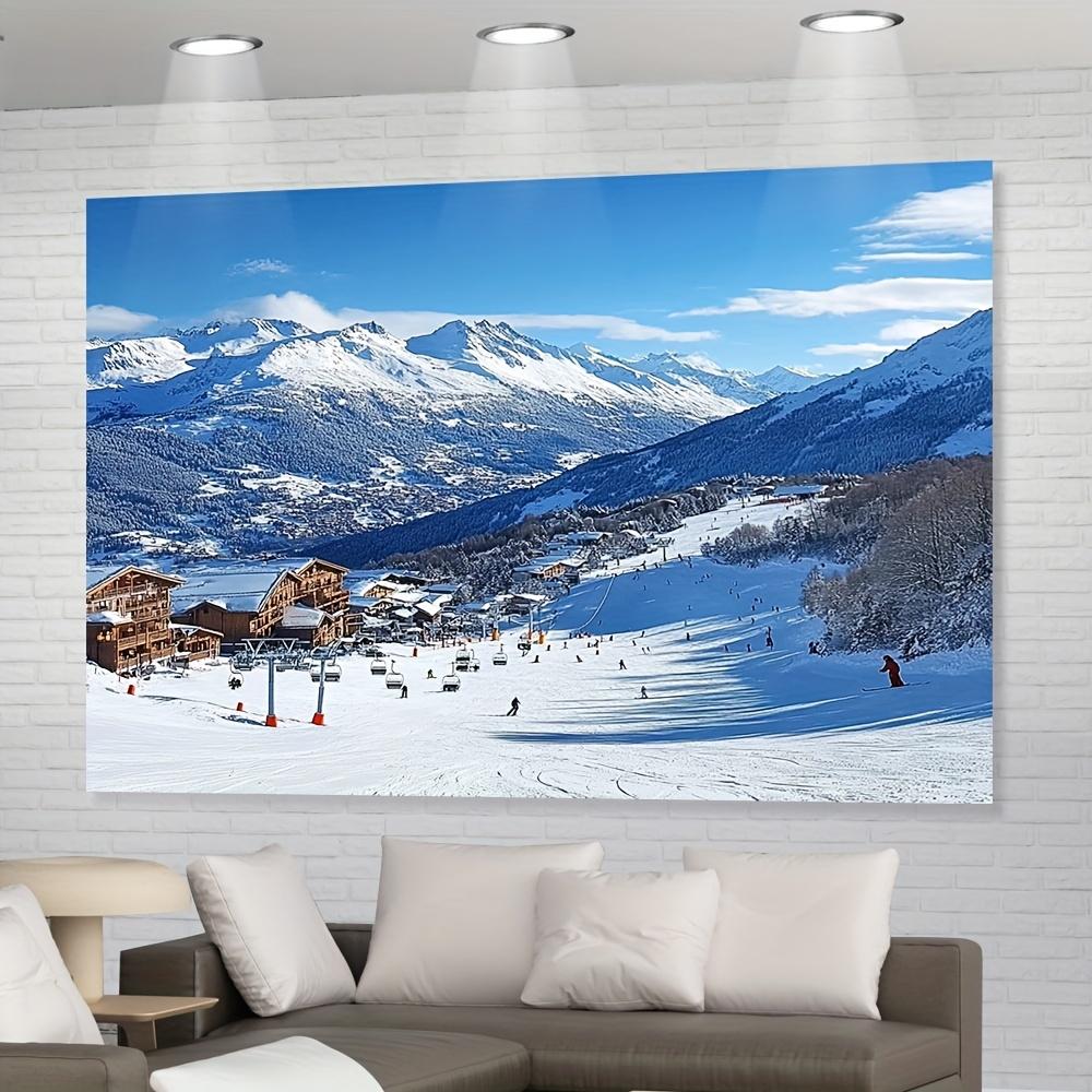 Snowy Mountain Ski Resort Landscape Wall Art Canvas Print for Living Room Winter Scene Home Decor Alpine Village Painting