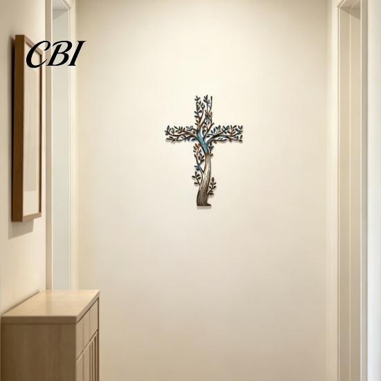 Farbverlauf Metallkunst Kreuz Wandkunst, Lebensbaum Hängende Kreuze Dekoration Dekoration, für Garten Wohnzimmer Schlafzimmer