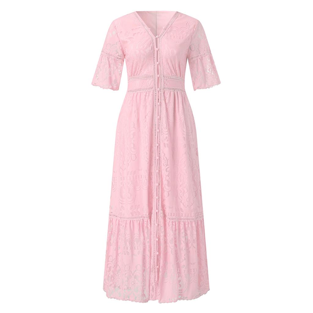 Women's V-Neck Short-Sleeved Openwork Single-Breasted Lace Dress