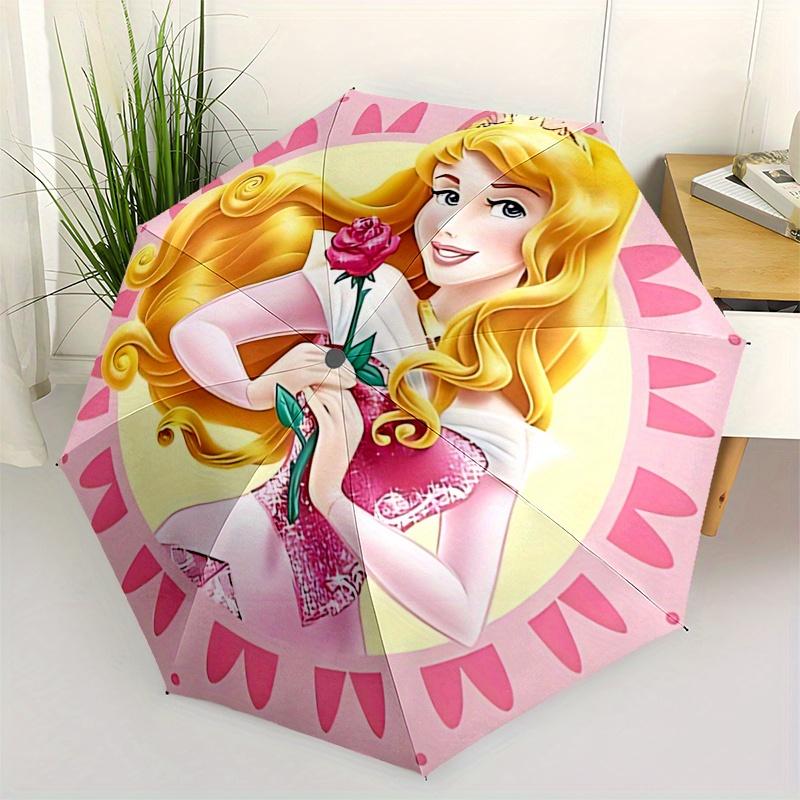 Princess Aurora, Rose Automatic Opening and Closing Umbrella - 8 Ribs Portable Folding Umbrella with Plastic Handle, Suitable for Leisure an