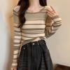 Women's Short and Unique Striped Long Sleeve T-shirt Knitted Base Top Slimming Blouse with Design Sense