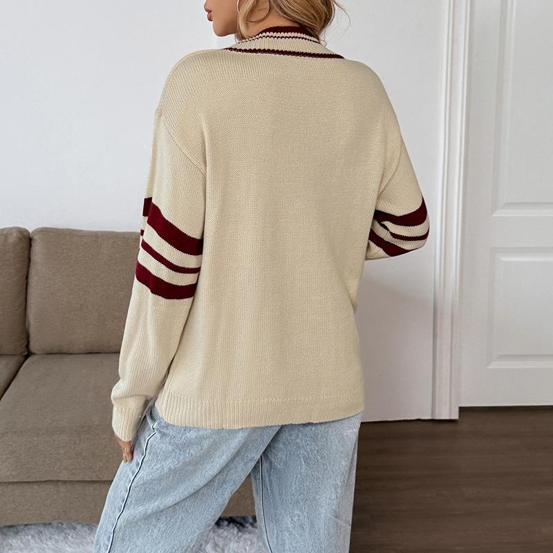 Women Long Sleeve V Neck Sweater Apricot Stripe Ribbed Knit Basic Cropped Casual Relaxed Fit Pullover Jumper