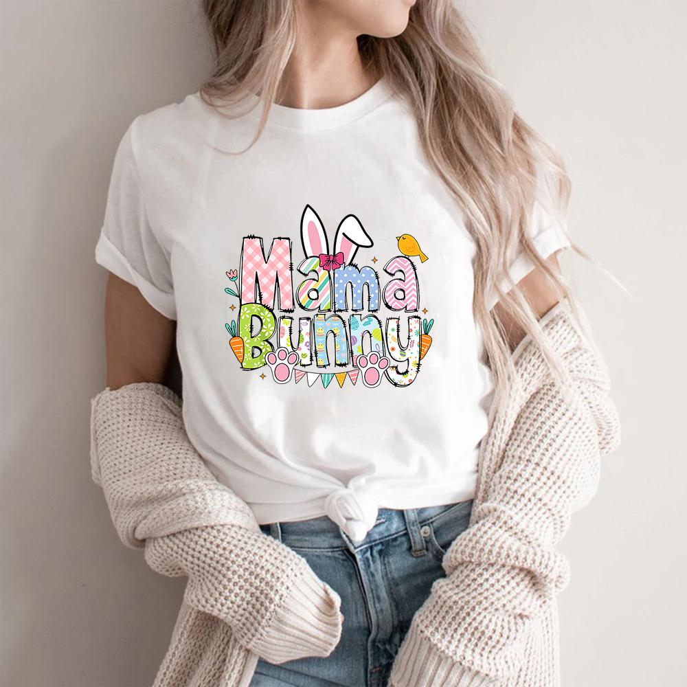 Easter Mama Bunny Graphic Tees Cute Colorful and Leopard Print Letter Designs for Spring Holiday Top Shirts for Women