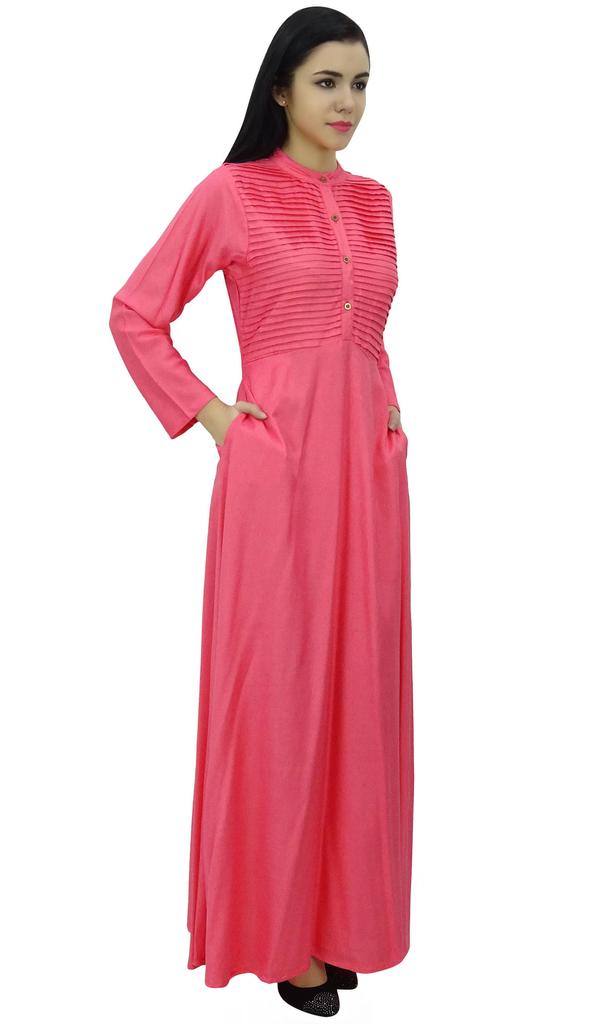 Bimba Women's Long Sleeve Maxi Mandarin Collar Plain Jilbab Dress With