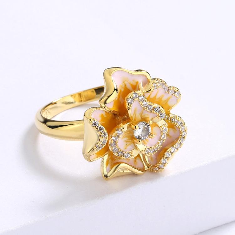 Enamel Jewelry Noble Gold Floral Zircon Flower Ring Bride Jewelry Handmade Glue