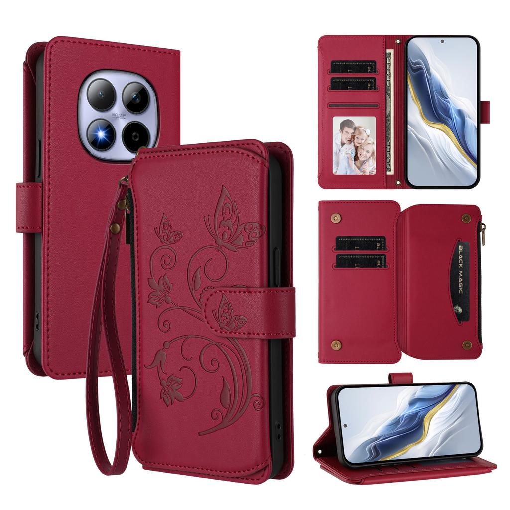 For Xiaomi Redmi Note 15 Pro 4G (Global) Leather Case Butterfly Floral Imprint Zipper Wallet Stand Cover with Wrist Strap