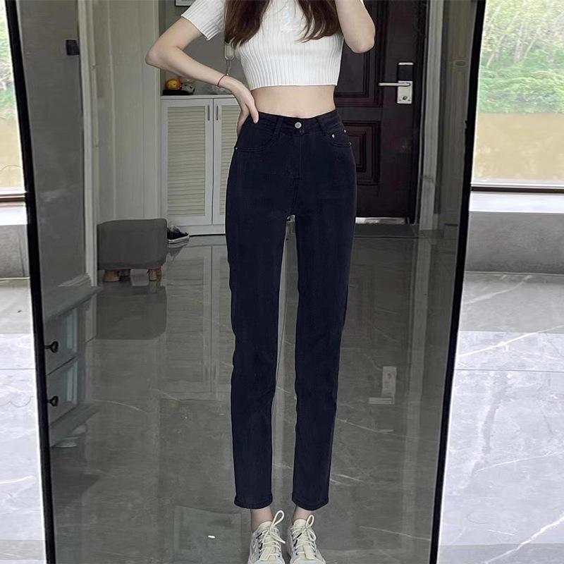 

Women s High-Waisted Slim Black Cropped Jeans: Stretchy, Leg-Lengthening & Petite-Friendly for Autumn/Winter, Korean Style S