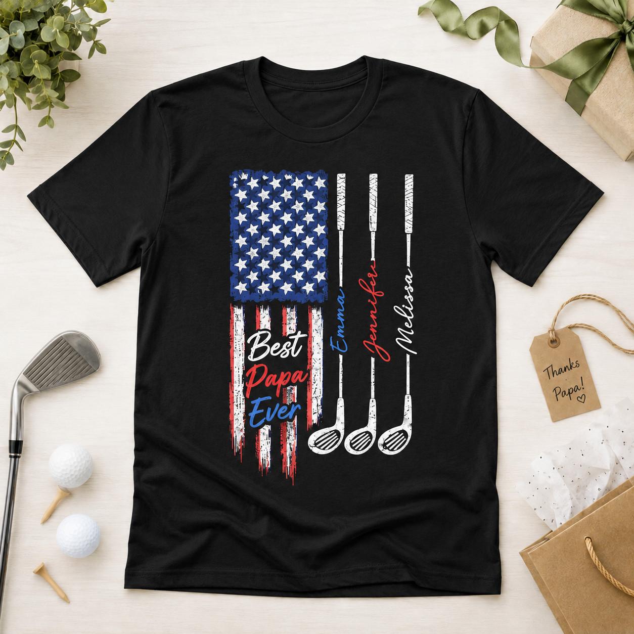 Personalized Best Papa Ever US Flag Golf Shirt, Custom Kid Names Father T-shirt XXXXL