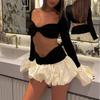 European and American Sexy Crop Top Flare Sleeve Tops Contrast Color Tutu Skirt Suit Top and Short Skirt Set