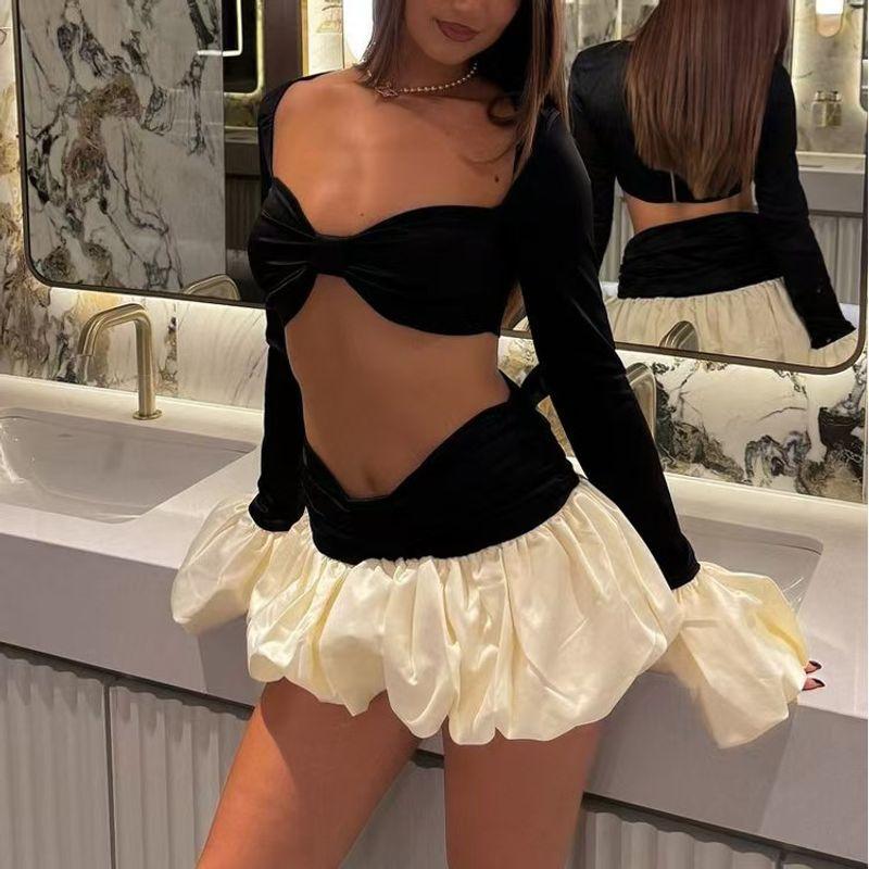 European and American Sexy Crop Top Flare Sleeve Tops Contrast Color Tutu Skirt Suit Top and Short Skirt Set