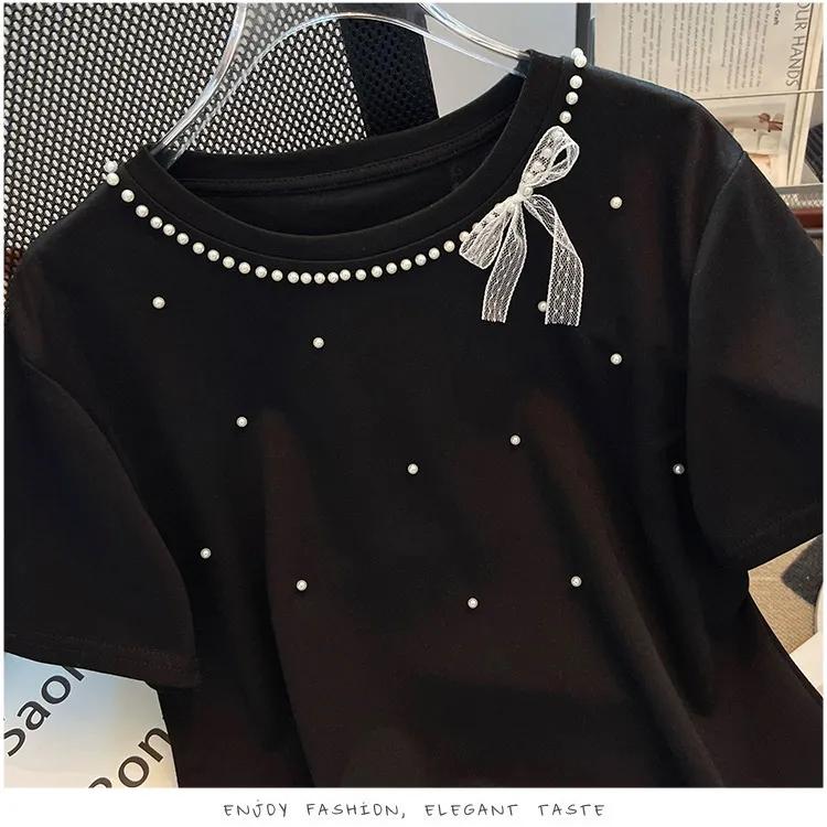 Sweet Bead Bow Short-sleeved T-shirt for Women In Summer Korean Style Versatile Top