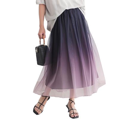 OshareWalker Gradient Tulle Gradient Sjn0494 n'OrLABEL Skirt, Women's Long, Flared, Gathered, Lined, Sheer, Print, Shirring, (Purple)
