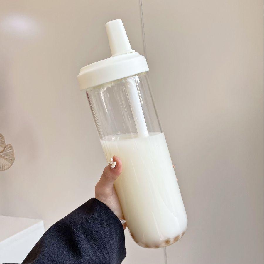 500/850ml Mignonne Bouteille d'Eau en Plastique avec Paille Thé au Lait Perlé avec Couvercle de Tasse Tasses à Café à Bulles Anti-chute Grande Capacité Boissons