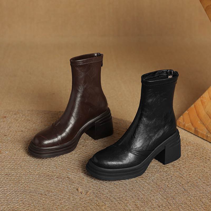 Krazing Pot Sheepskin Winter Round Toe Modern Platform Boots Thick High Heels Zipper Women Ankle Boots