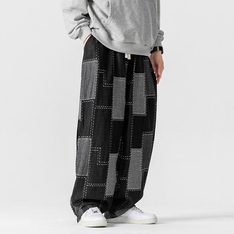 Autumn and Winter Large Size Japanese Retro Loose Wide-leg Straight Pants Plaid Patch Jeans Trendy Men's Trousers